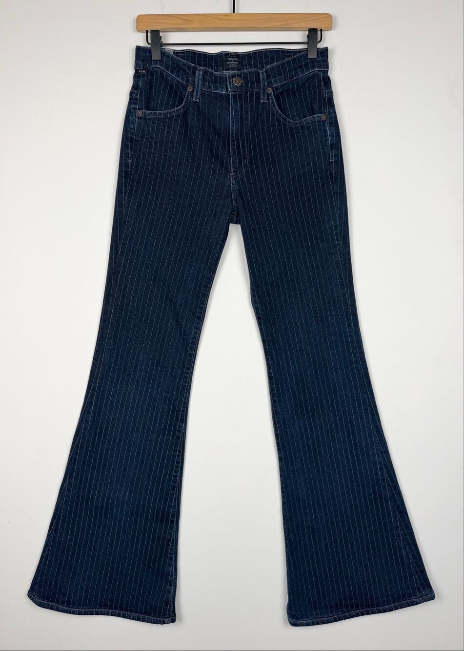 Citizens Of Humanity Chloe Mid Rise Super Flare Jeans Blue Pinstripe Size 27